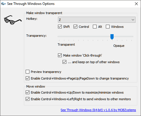 Main options panel for "See Through Windows"